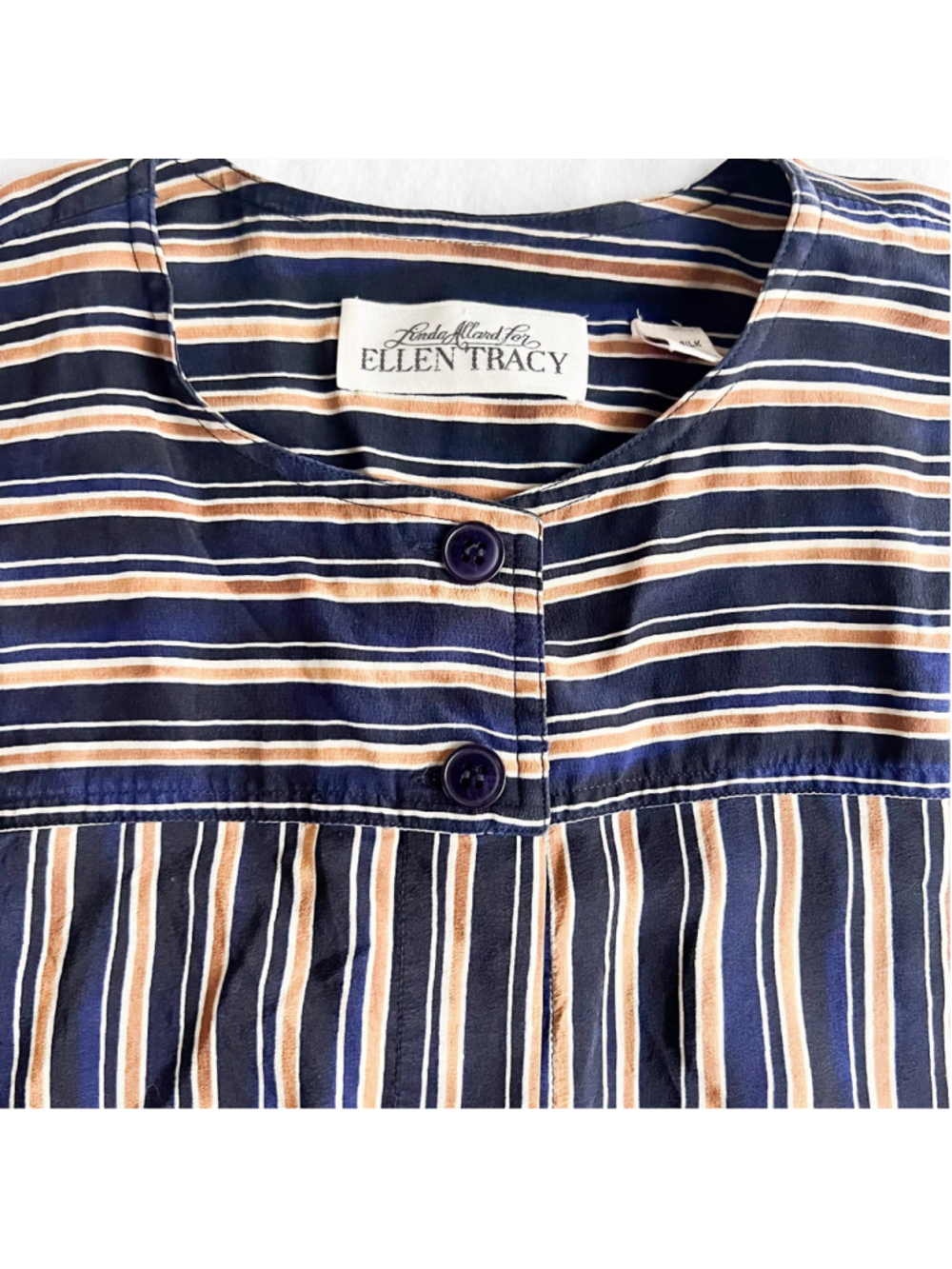 Linda Allard Ellen Tracy 100% Silk Long Sleeve Striped Button Up Blouse Sz 8 - Picture 7 of 10